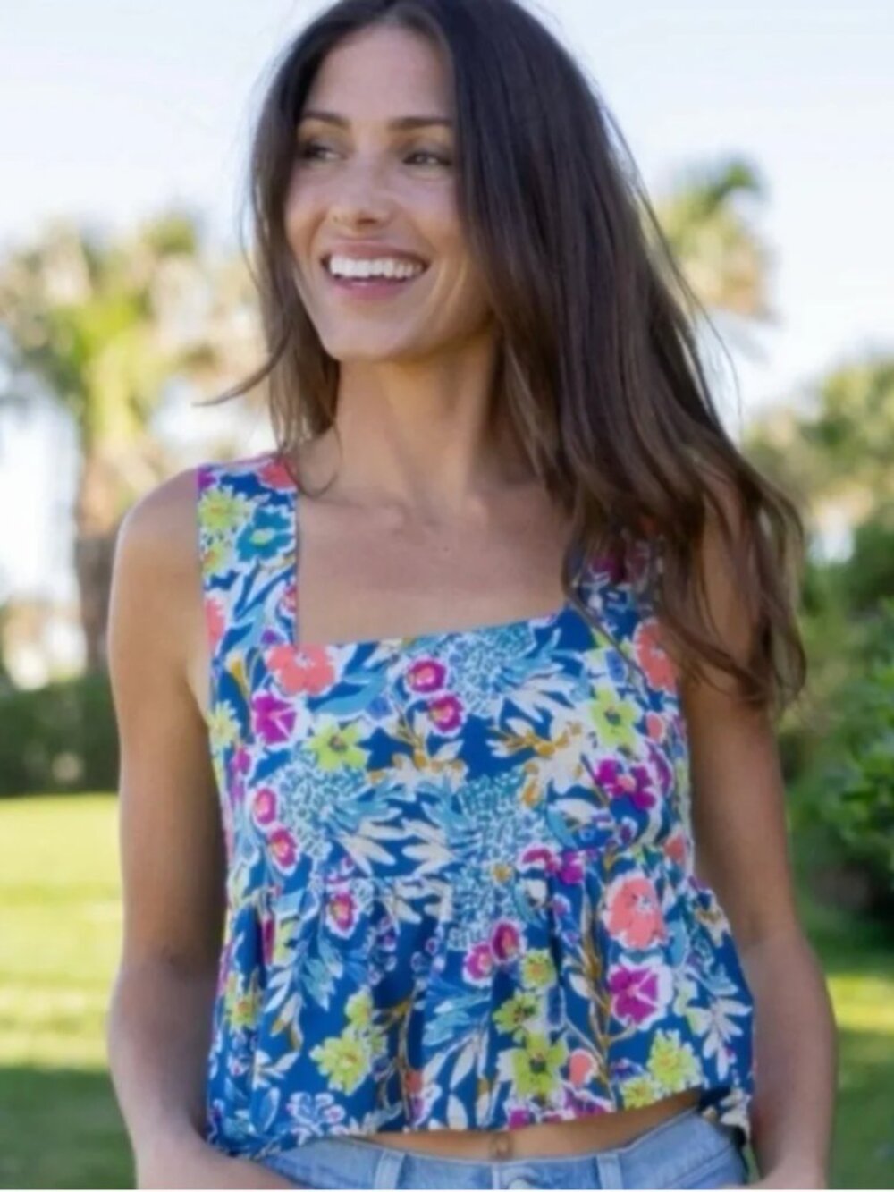 Natural Life | Tricia Square Neck Tropical Cropped Peplum Tank Top | Size Small